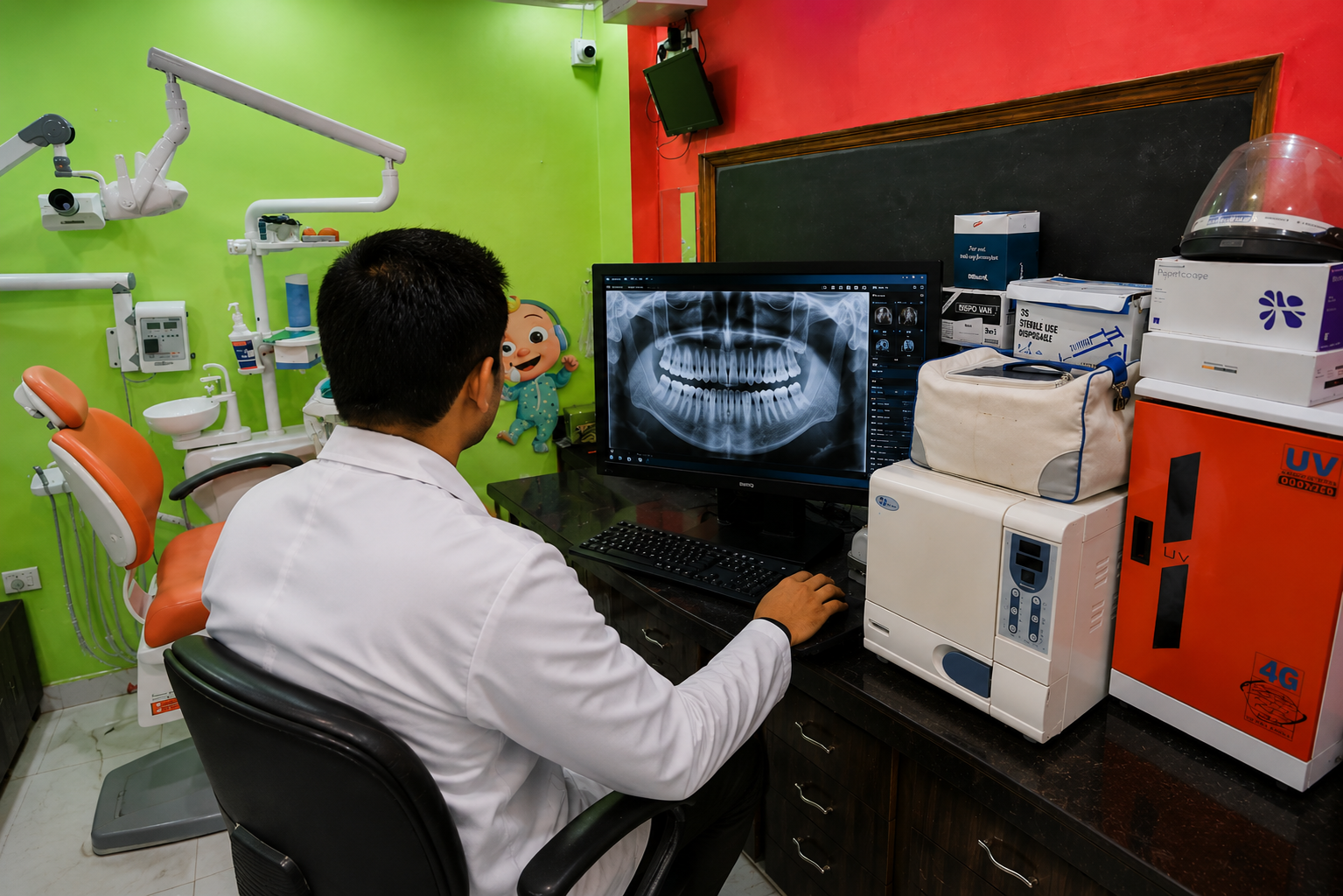 Clinician reviewing digital x-ray scan on monitor